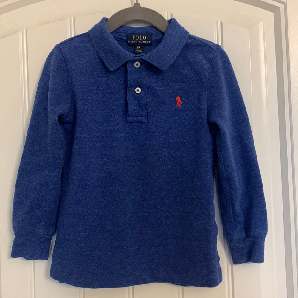 Polo Ralph Lauren size 3T, long sleeve polo shirt. Blue heathered
